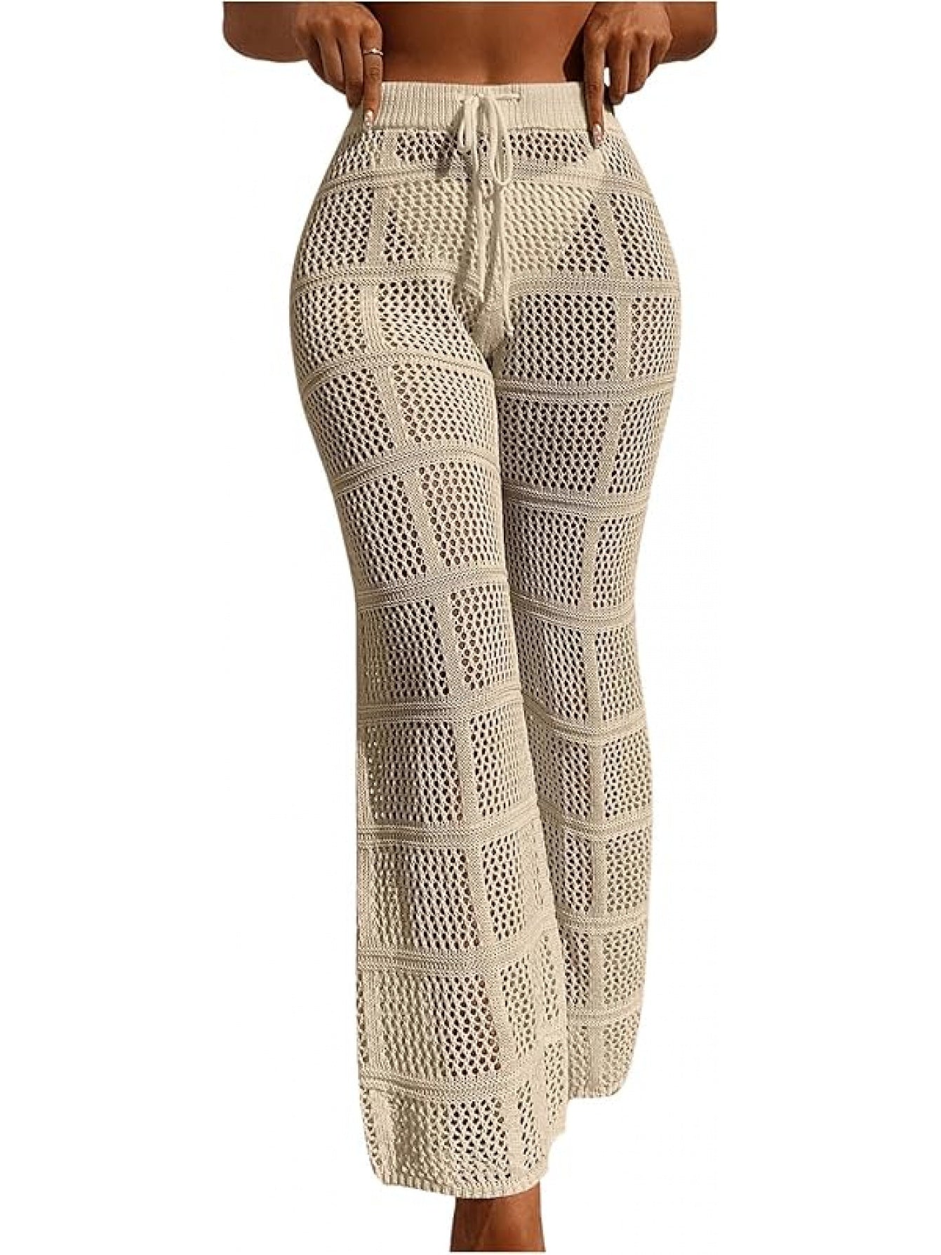 Women'S Crochet Sheer Swim Cover Up Pants - Drawstring, Hollow Out Loose Beach Pants, Summer Vacation Style, Knit Material, Long Length, No Belt, Relaxed Fit, Beach Coverup|Hollowout Design|Drawstring Waist, Beach Clothes